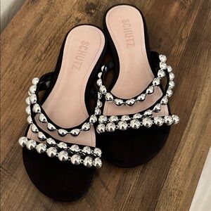 SCHUTZ Arline Black Sandals with Silver Embellishments